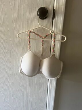 PINK Victoria's Secret White Bra with Braided Pink-Green-Yellow Straps
